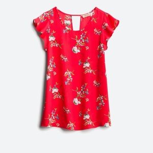 Full Moon Kiera maternity red floral keyhole back blouse in small, scoop neck